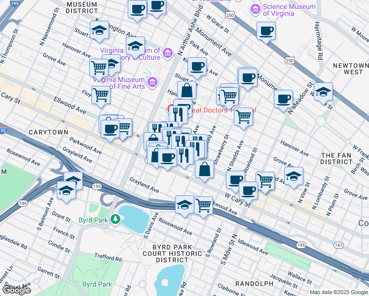 map of restaurants, bars, coffee shops, grocery stores, and more near 16 North Davis Avenue in Richmond