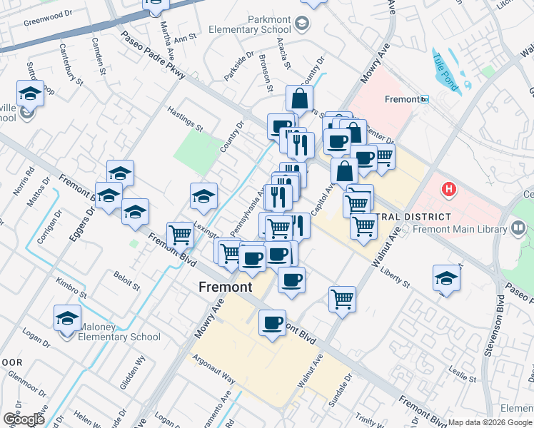 map of restaurants, bars, coffee shops, grocery stores, and more near 3399 Manchester Common in Fremont