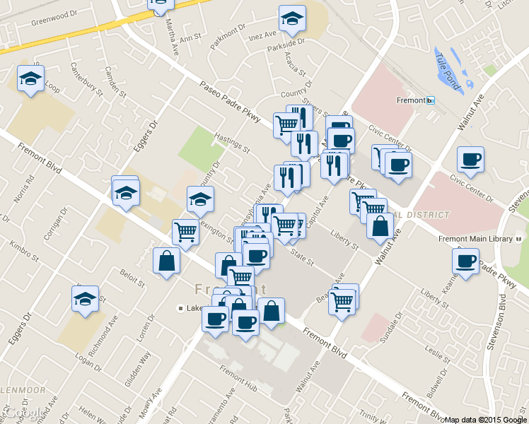 map of restaurants, bars, coffee shops, grocery stores, and more near 3399 Manchester Common in Fremont