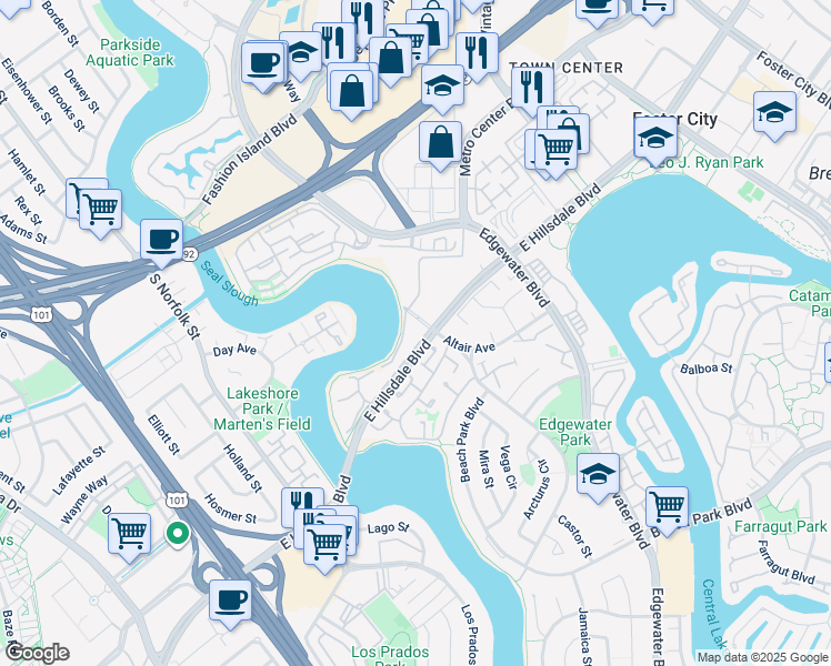 map of restaurants, bars, coffee shops, grocery stores, and more near 780 East Hillsdale Boulevard in Foster City