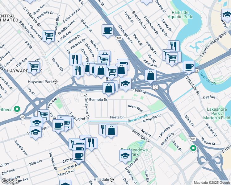 map of restaurants, bars, coffee shops, grocery stores, and more near 820 19th Avenue in San Mateo