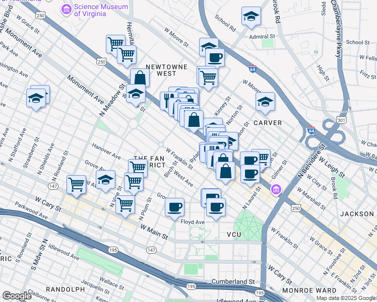 map of restaurants, bars, coffee shops, grocery stores, and more near 1115 West Grace Street in Richmond