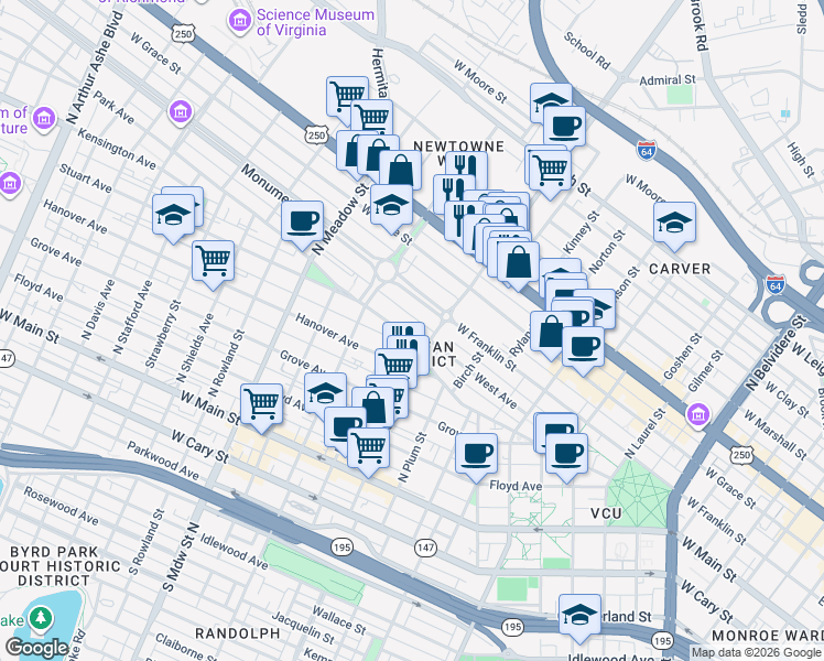 map of restaurants, bars, coffee shops, grocery stores, and more near 1609 Monument Avenue in Richmond