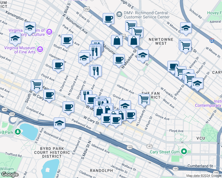 map of restaurants, bars, coffee shops, grocery stores, and more near 2007 Hanover Avenue in Richmond
