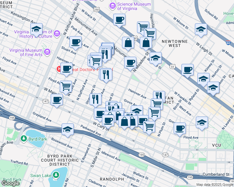 map of restaurants, bars, coffee shops, grocery stores, and more near 2007 Hanover Avenue in Richmond