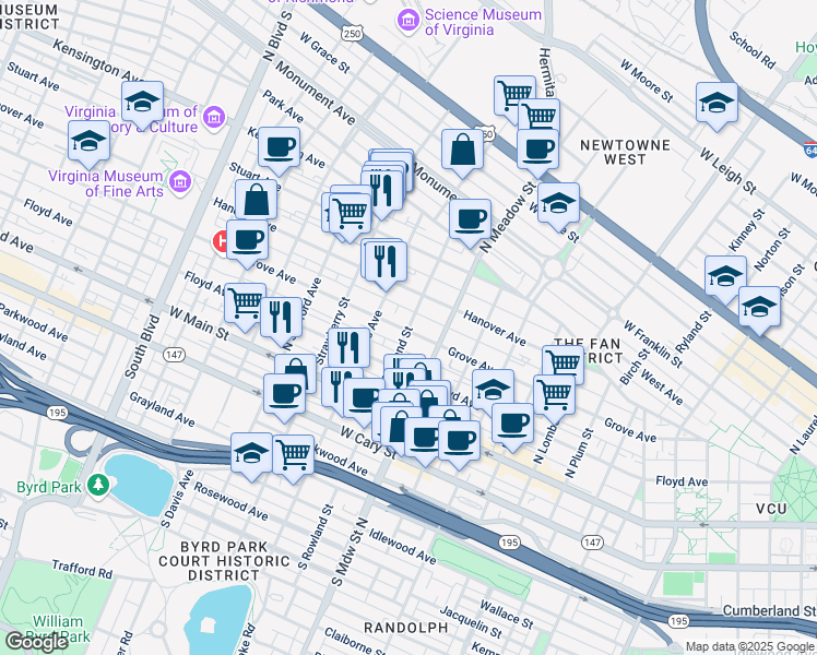 map of restaurants, bars, coffee shops, grocery stores, and more near 2100 Grove Avenue in Richmond