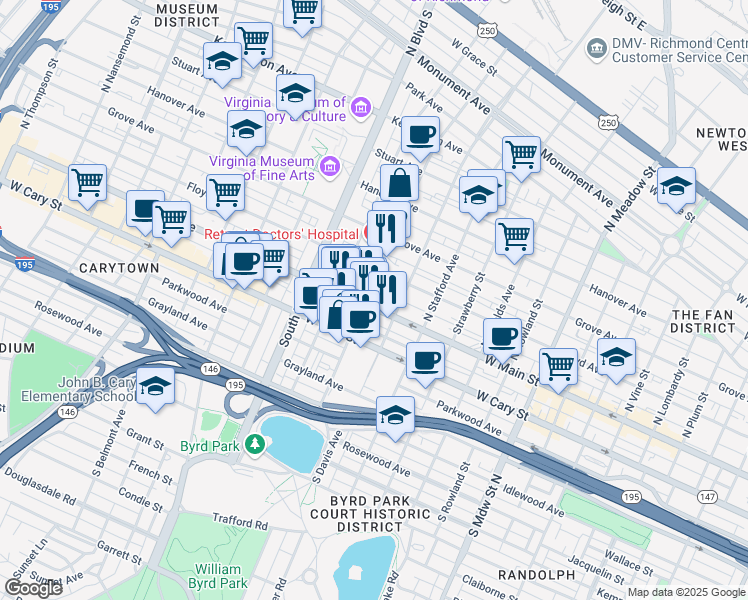 map of restaurants, bars, coffee shops, grocery stores, and more near 2610 West Main Street in Richmond