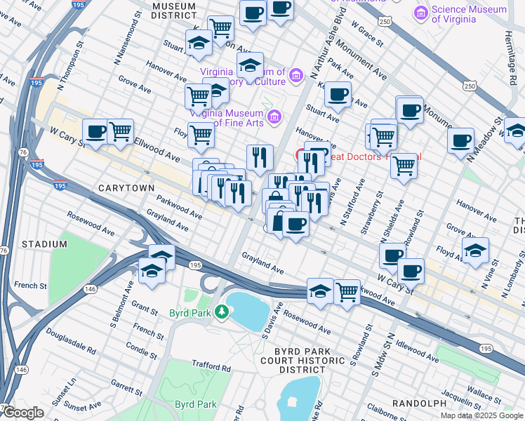 map of restaurants, bars, coffee shops, grocery stores, and more near 2710a West Main Street in Richmond