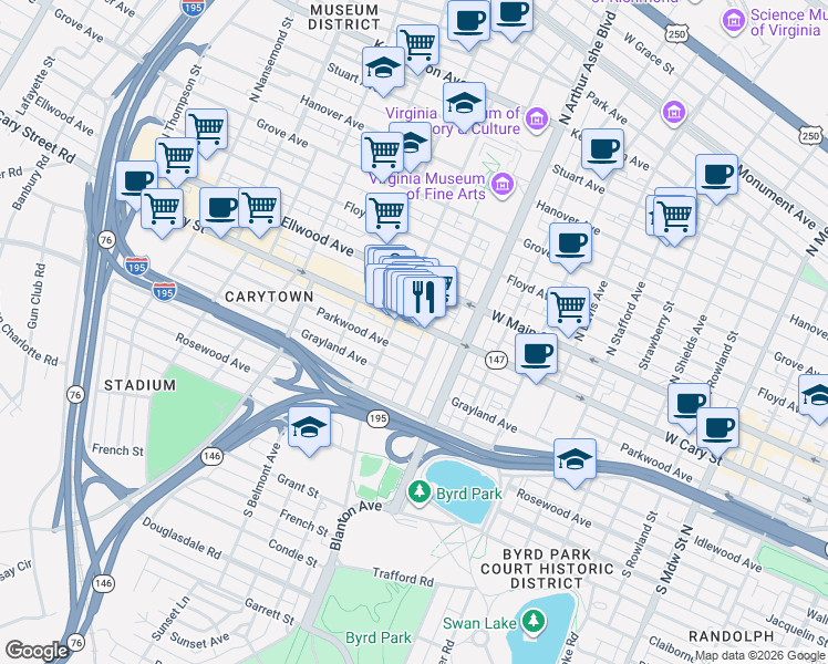 map of restaurants, bars, coffee shops, grocery stores, and more near 2918 West Cary Street in Richmond