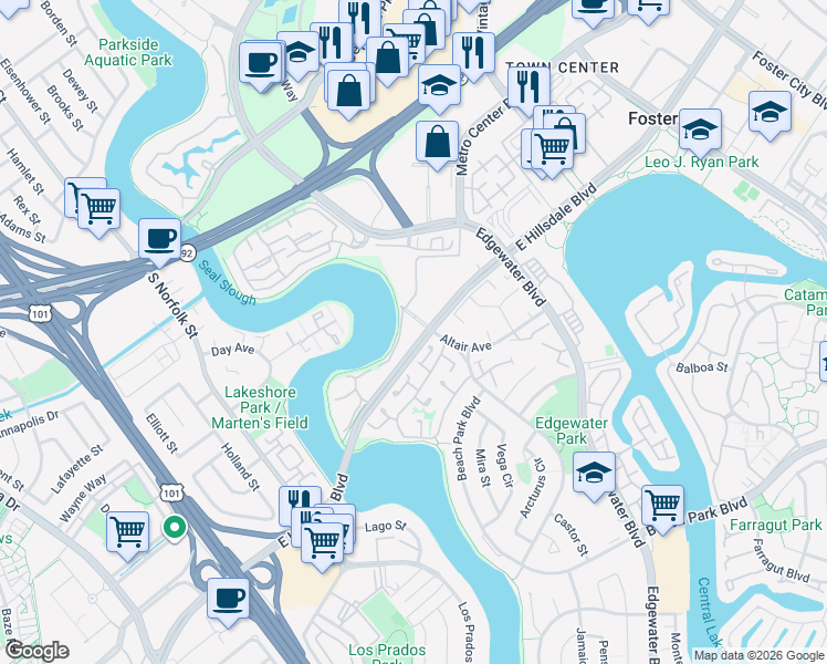 map of restaurants, bars, coffee shops, grocery stores, and more near 780 Sea Spray Lane in Foster City