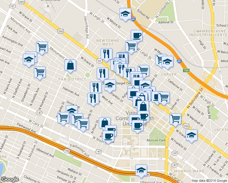 map of restaurants, bars, coffee shops, grocery stores, and more near 1210 West Franklin Street in Richmond