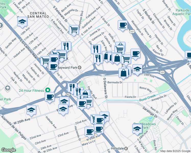 map of restaurants, bars, coffee shops, grocery stores, and more near 286 19th Avenue in San Mateo