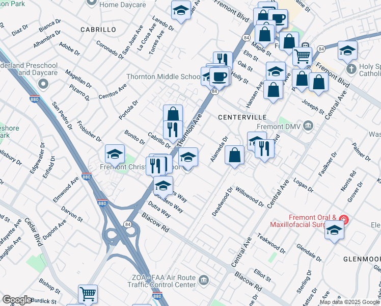 map of restaurants, bars, coffee shops, grocery stores, and more near 37082 Penzance Common in Fremont