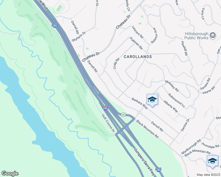 map of restaurants, bars, coffee shops, grocery stores, and more near 530 Darrell Road in Hillsborough