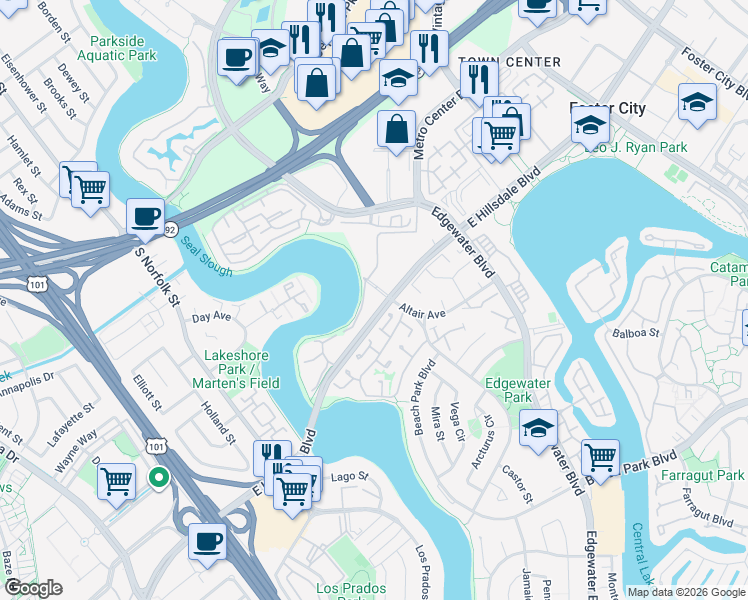 map of restaurants, bars, coffee shops, grocery stores, and more near 780 Sea Spray Lane in Foster City