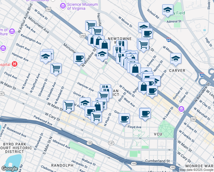 map of restaurants, bars, coffee shops, grocery stores, and more near 1618 Park Avenue in Richmond