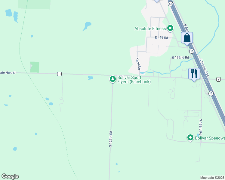 map of restaurants, bars, coffee shops, grocery stores, and more near 1898 South 127th Road in Bolivar