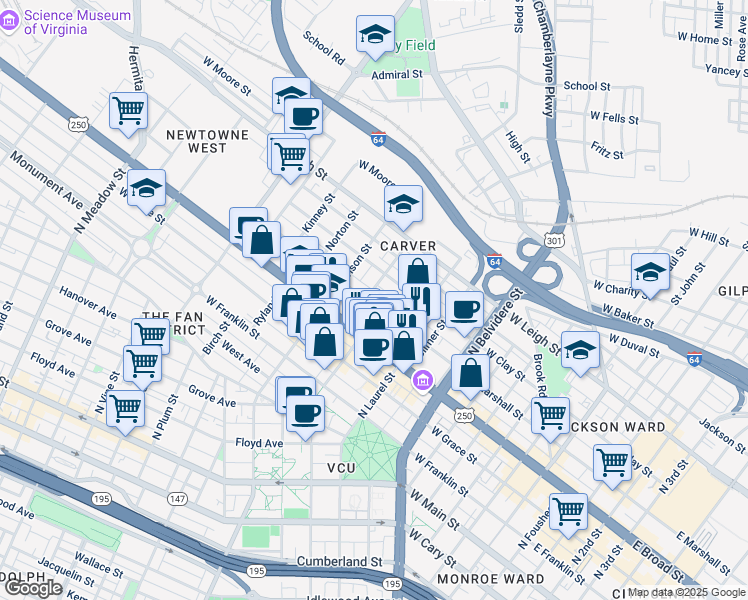 map of restaurants, bars, coffee shops, grocery stores, and more near 1014 West Marshall Street in Richmond