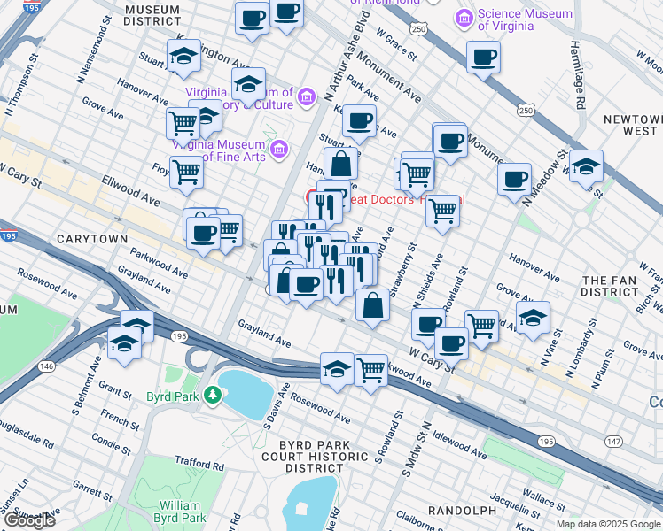 map of restaurants, bars, coffee shops, grocery stores, and more near 16 North Davis Avenue in Richmond