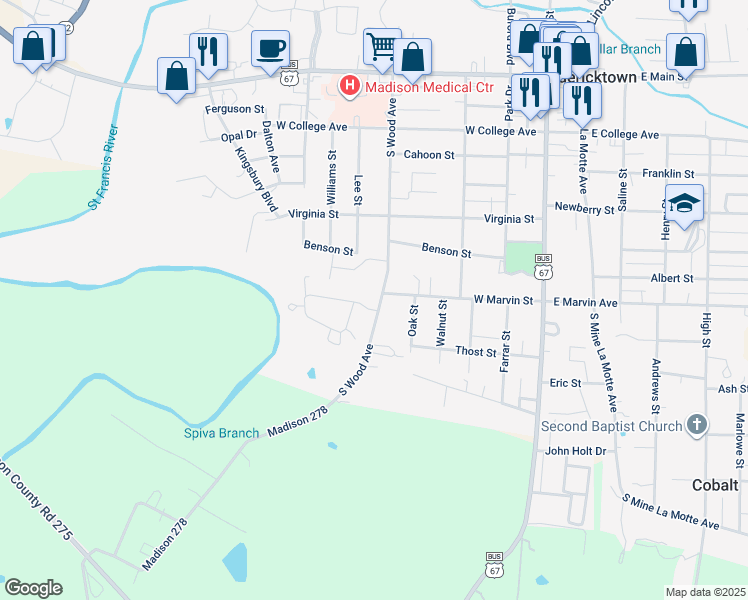 map of restaurants, bars, coffee shops, grocery stores, and more near 618 South Wood Avenue in Fredericktown