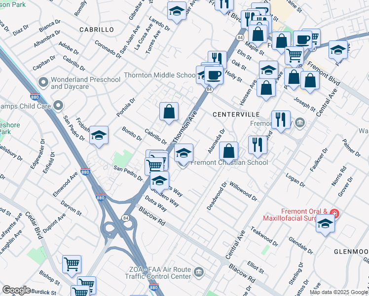 map of restaurants, bars, coffee shops, grocery stores, and more near 37074 Penzance Common in Fremont