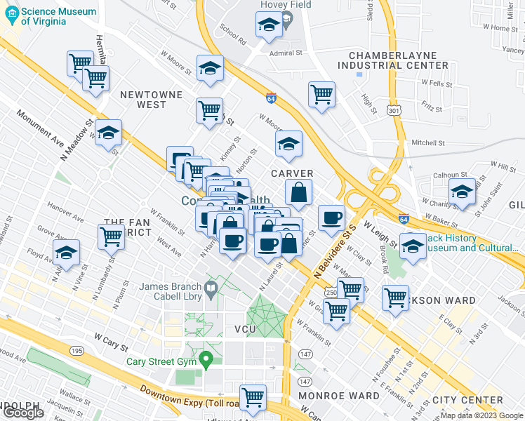map of restaurants, bars, coffee shops, grocery stores, and more near W Marshall St & N Hancock St in Richmond