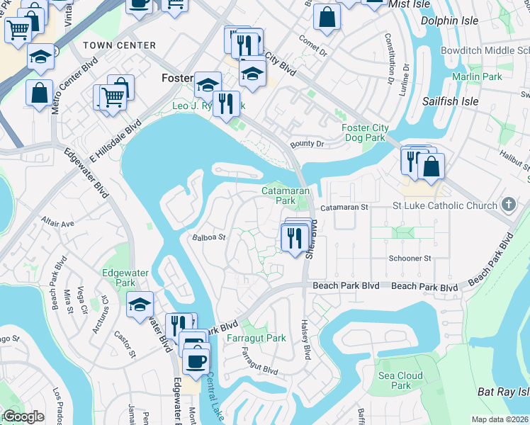 map of restaurants, bars, coffee shops, grocery stores, and more near 825 Cortez Lane in Foster City