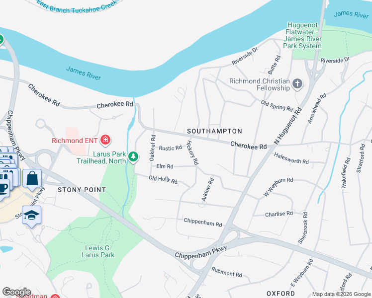 map of restaurants, bars, coffee shops, grocery stores, and more near 8917 Cherokee Road in Richmond