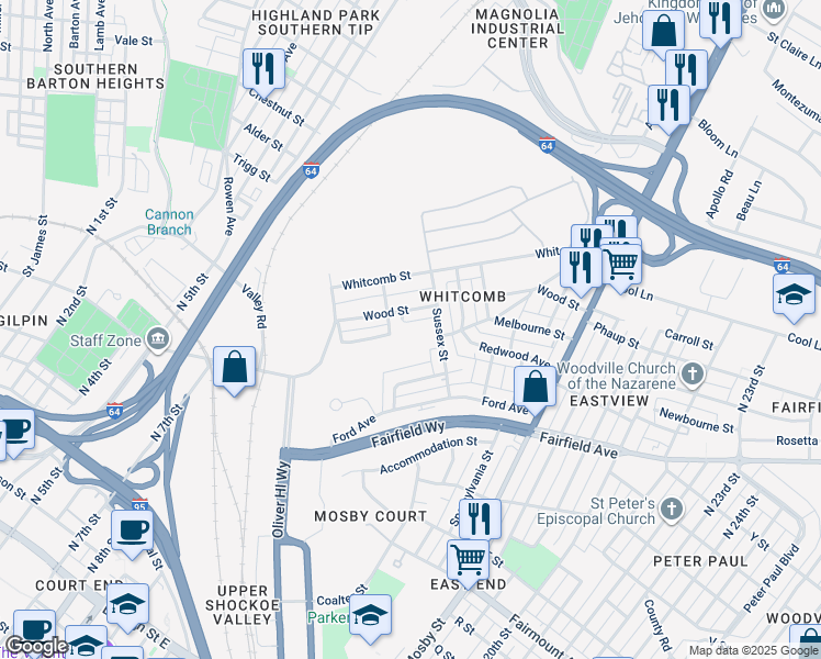 map of restaurants, bars, coffee shops, grocery stores, and more near 1917 Eastview Lane in Richmond