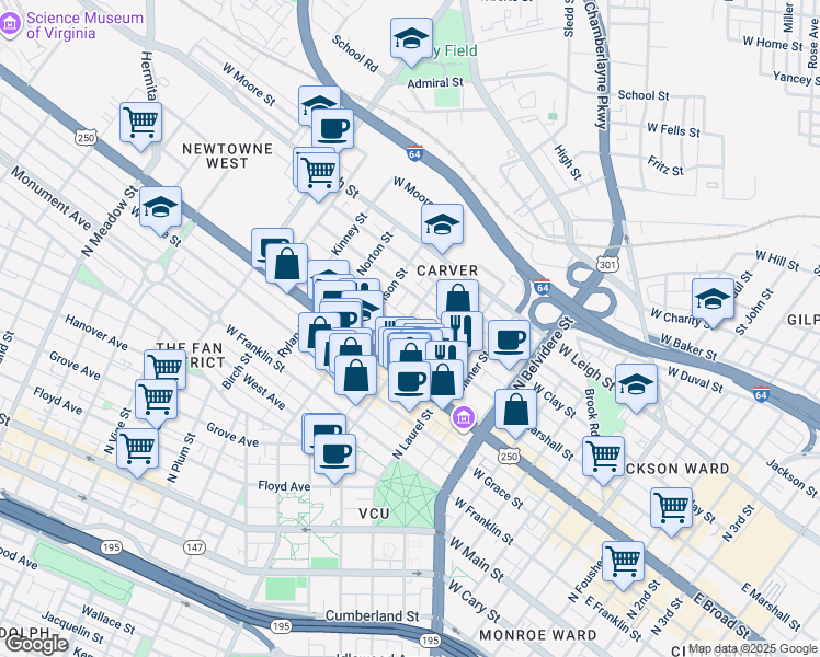 map of restaurants, bars, coffee shops, grocery stores, and more near 1014 West Marshall Street in Richmond