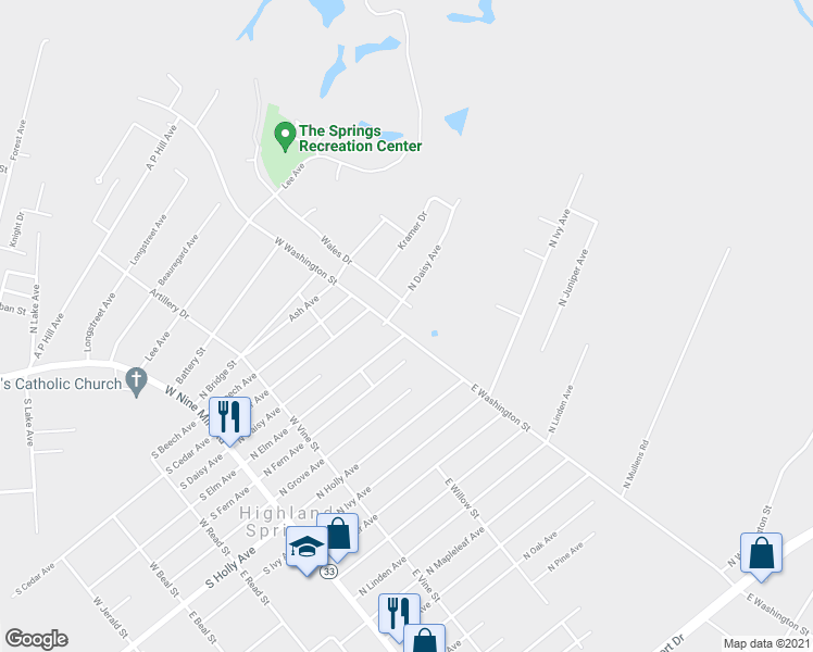 map of restaurants, bars, coffee shops, grocery stores, and more near 304 West Washington Street in Henrico