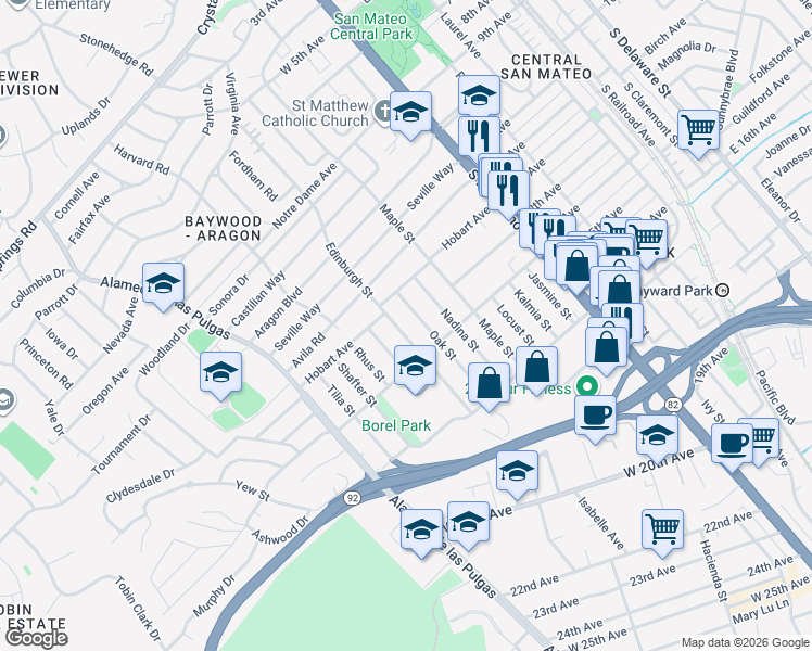 map of restaurants, bars, coffee shops, grocery stores, and more near 1224 Oak Street in San Mateo