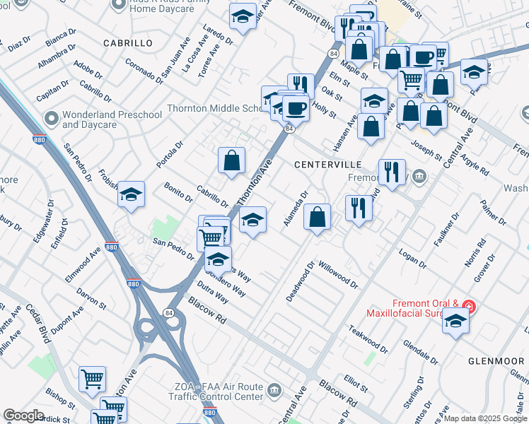 map of restaurants, bars, coffee shops, grocery stores, and more near 4637 Rothbury Common in Fremont