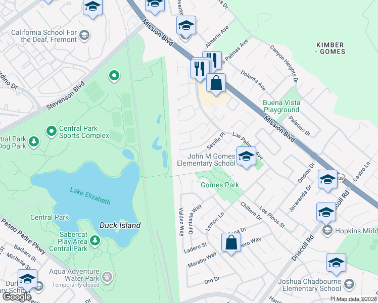 map of restaurants, bars, coffee shops, grocery stores, and more near 704 San Carlos Court in Fremont