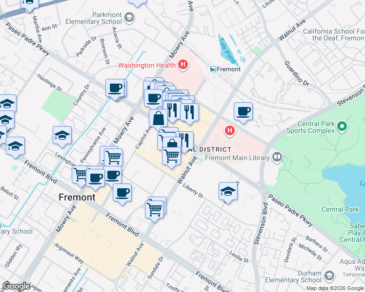 map of restaurants, bars, coffee shops, grocery stores, and more near 39199 Paseo Padre Parkway in Fremont