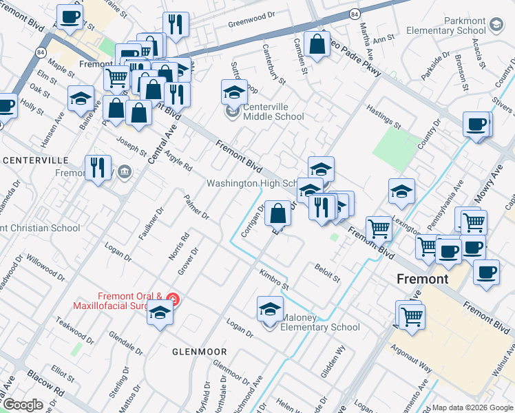 map of restaurants, bars, coffee shops, grocery stores, and more near 38143 Ellis Court in Fremont