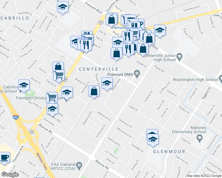 map of restaurants, bars, coffee shops, grocery stores, and more near 37302 Pinehurst Terrace in Fremont