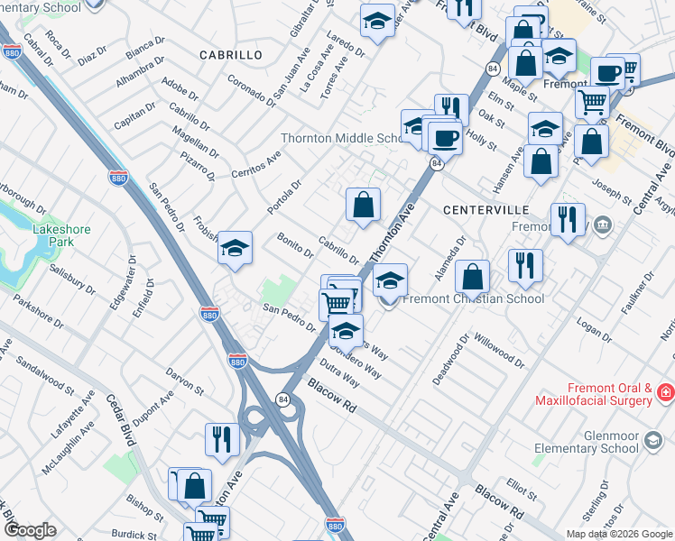map of restaurants, bars, coffee shops, grocery stores, and more near 36824 Bonito Drive in Fremont