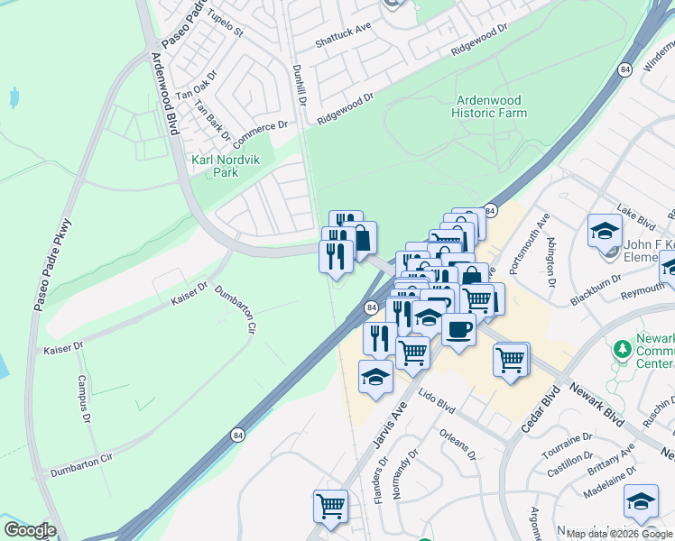 map of restaurants, bars, coffee shops, grocery stores, and more near 34701 Ardenwood Boulevard in Fremont
