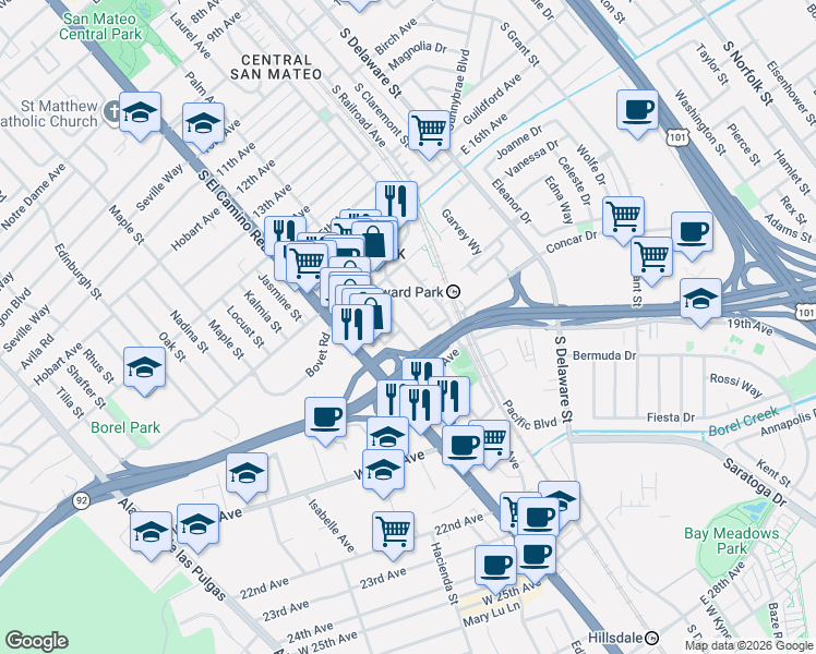 map of restaurants, bars, coffee shops, grocery stores, and more near 1739 Palm Avenue in San Mateo