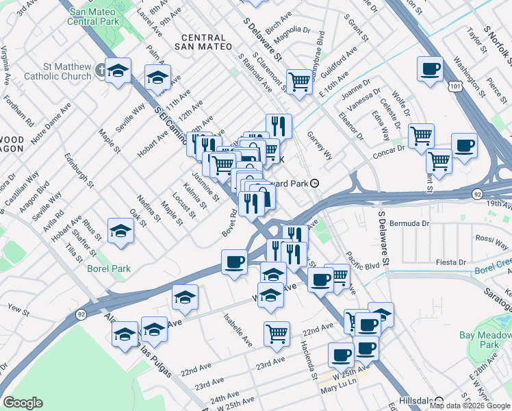 map of restaurants, bars, coffee shops, grocery stores, and more near 94 17th Avenue in San Mateo