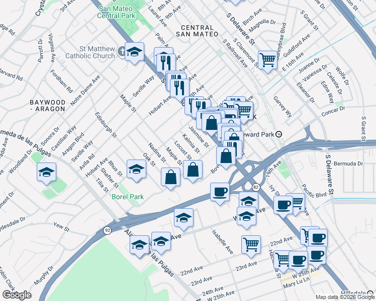 map of restaurants, bars, coffee shops, grocery stores, and more near 1435 Locust Street in San Mateo