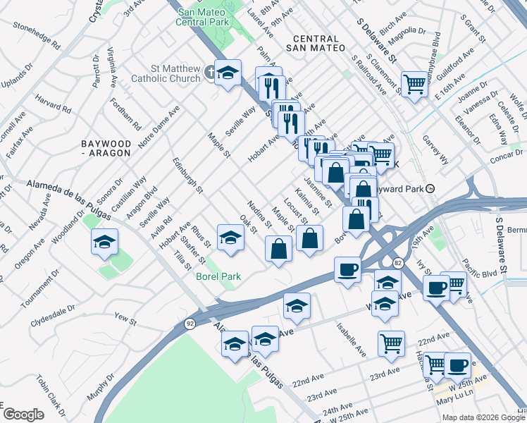 map of restaurants, bars, coffee shops, grocery stores, and more near 1405 Maple Street in San Mateo