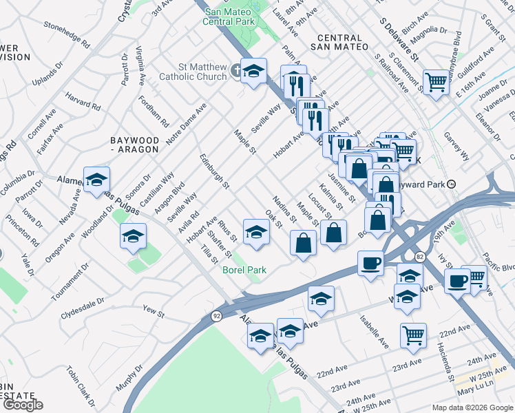 map of restaurants, bars, coffee shops, grocery stores, and more near 1224 Oak Street in San Mateo