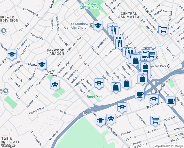 map of restaurants, bars, coffee shops, grocery stores, and more near 336 Hobart Avenue in San Mateo