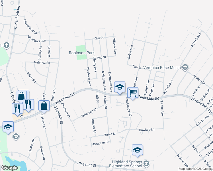 map of restaurants, bars, coffee shops, grocery stores, and more near 16 Evergreen Avenue in Richmond