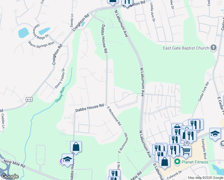 map of restaurants, bars, coffee shops, grocery stores, and more near 438 Kingsridge Road in Richmond