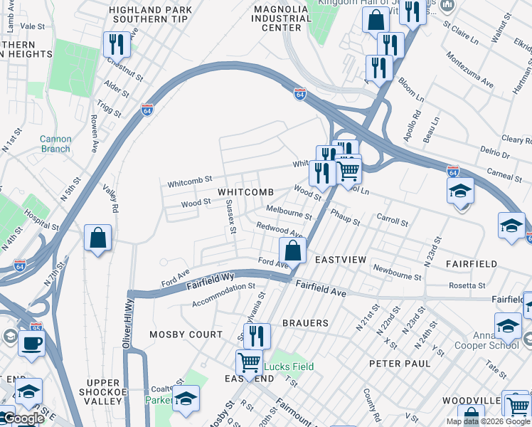 map of restaurants, bars, coffee shops, grocery stores, and more near 1900 Conrad Street in Richmond