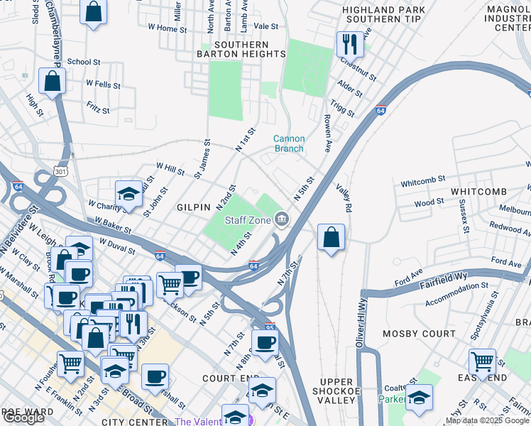 map of restaurants, bars, coffee shops, grocery stores, and more near 400 Hospital Street in Richmond