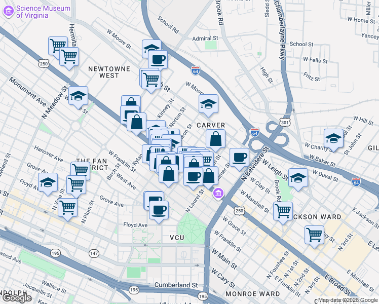 map of restaurants, bars, coffee shops, grocery stores, and more near 1116 West Marshall Street in Richmond